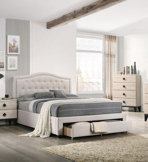English Elm Light Burlap Upholstered Full Bed with Tufted Arch Headboard and Footboard Storage Drawer Light Brown B011S00709
