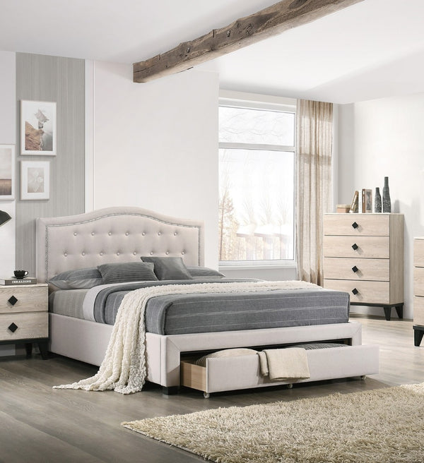English Elm Light Burlap Upholstered Full Bed with Tufted Arch Headboard and Footboard Storage Drawer Light Brown B011S00709