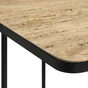 English Elm Travertine Square Accent Table with Matte Black Curved Metal Base — Modern Exotic Display Piece B062P153888