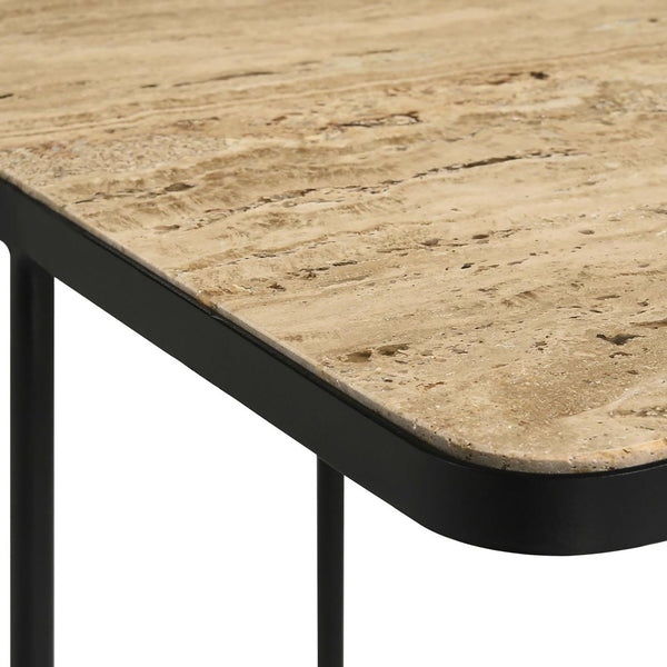 English Elm Travertine Square Accent Table with Matte Black Curved Metal Base — Modern Exotic Display Piece B062P153888