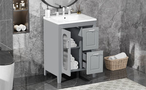 English Elm 24" Bathroom Vanity with Sink Solid Wood & Ceramic Top, Modern Freestanding Cabinet with Drawers Grey N725P351849E