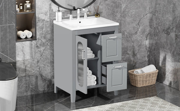 English Elm 24" Bathroom Vanity with Sink Solid Wood & Ceramic Top, Modern Freestanding Cabinet with Drawers Grey N725P351849E