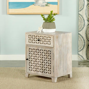 English Elm White Washed Mango Wood Accent Cabinet with Lattice Door, Drawer & Black Metal Hardware, Eco-Friendly Storage (22"H x 18"W x 14"D) B062P153881