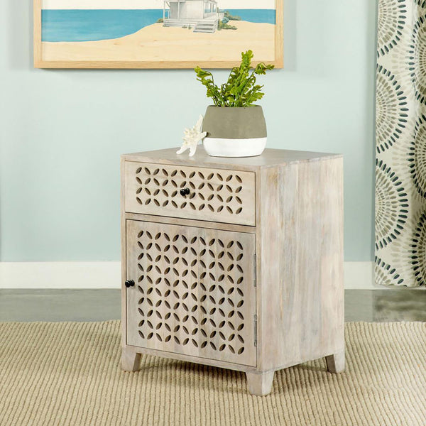 English Elm White Washed Mango Wood Accent Cabinet with Lattice Door, Drawer & Black Metal Hardware, Eco-Friendly Storage (22"H x 18"W x 14"D) B062P153881