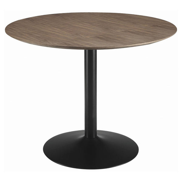 English Elm Brown Shelburne Round Dining Table with Walnut Top and Gunmetal Pedestal—Cozy 4-Seat Bistro Charm, Space-Saving Design B062P153874