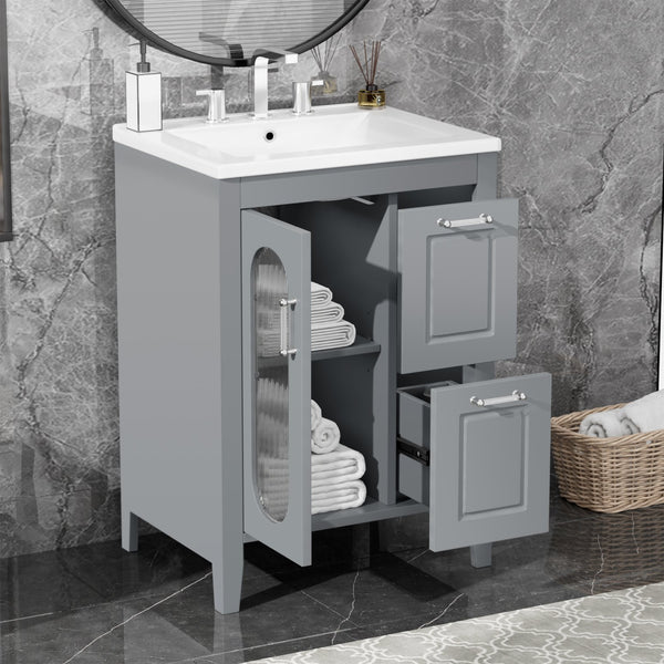 English Elm 24" Modern Bathroom Vanity with Ceramic Sink, Solid Wood & MDF Cabinet, Two Drawers, Shelf Grey N725P245273E