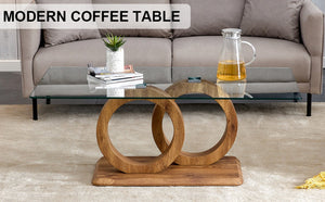 English Elm A Modern Glass Top Coffee Table with Wood Grain Legs for Living Room Decor W1151140296