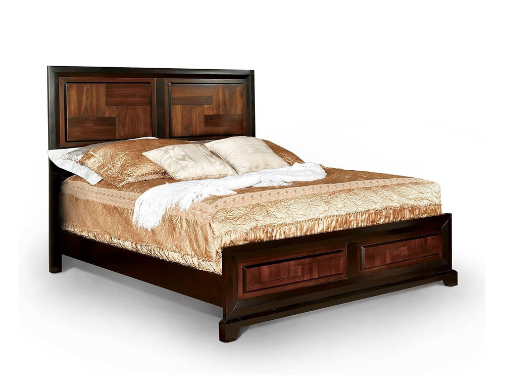 English Elm Transitional Acacia Parquet Queen Bed with Walnut Tone, Solid Wood Frame, Chrome Knob Accents B011S00716