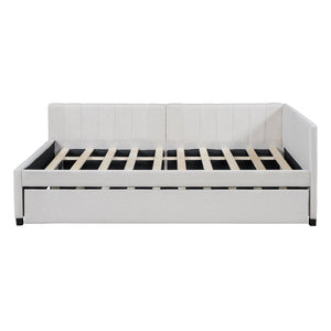 English Elm Full Size Linen Upholstered Daybed with Pull Out Trundle Sofa Frame for Bedroom Beige LP000173AAA-1