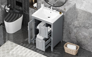 English Elm 24" Modern Bathroom Vanity with Ceramic Sink, Solid Wood & MDF Cabinet, Two Drawers, Shelf Grey N725P245273E