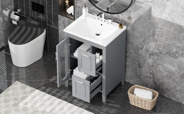 English Elm 24" Modern Bathroom Vanity with Ceramic Sink, Solid Wood & MDF Cabinet, Two Drawers, Shelf Grey N725P245273E