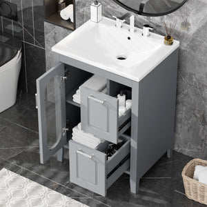 English Elm 24" Modern Bathroom Vanity with Ceramic Sink, Solid Wood & MDF Cabinet, Two Drawers, Shelf Grey N725P245273E