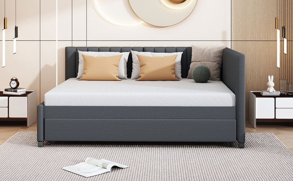 English Elm Full Size Linen Upholstered Daybed with Pull Out Trundle Sofa Frame for Bedroom Gray LP000173AAE-1