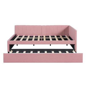 English Elm Full Size Linen Upholstered Daybed with Pull Out Trundle Sofa Frame for Bedroom Pink LP000173AAH-1