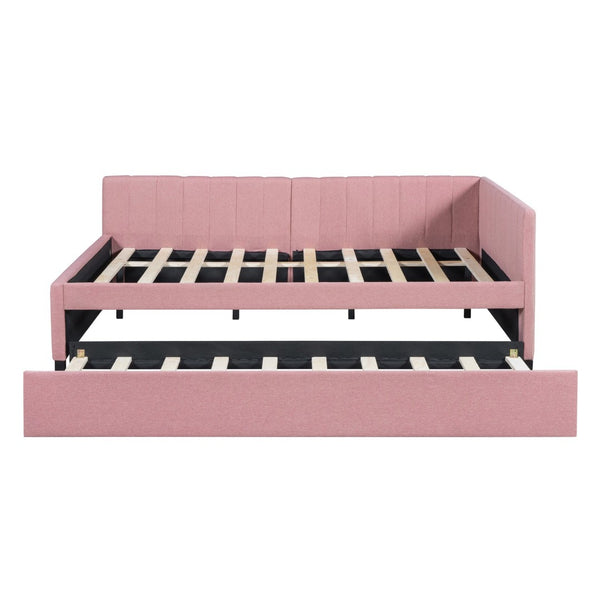 English Elm Full Size Linen Upholstered Daybed with Roll Out Trundle for Guest Rooms Pink LP000173AAH
