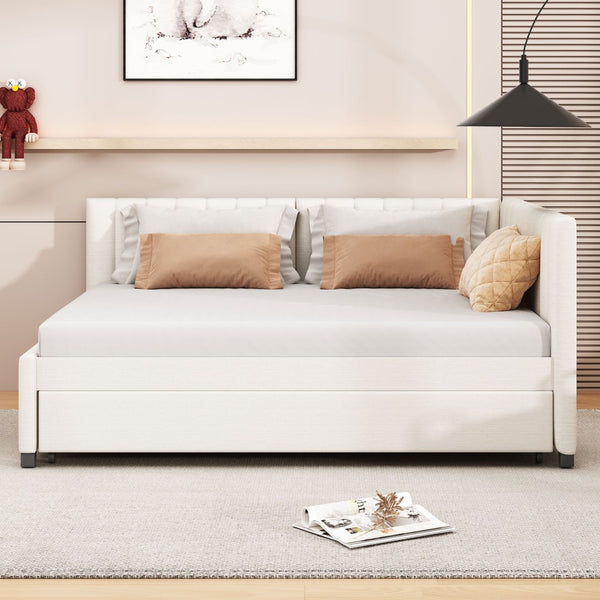 English Elm Full Size Linen Upholstered Daybed with Pull Out Trundle Sofa Frame for Bedroom Beige LP000173AAA-1