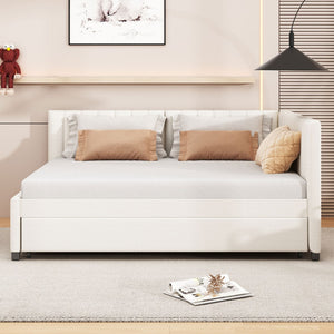 English Elm Full Size Linen Upholstered Daybed with Roll Out Trundle for Guest Rooms LP000173AAA
