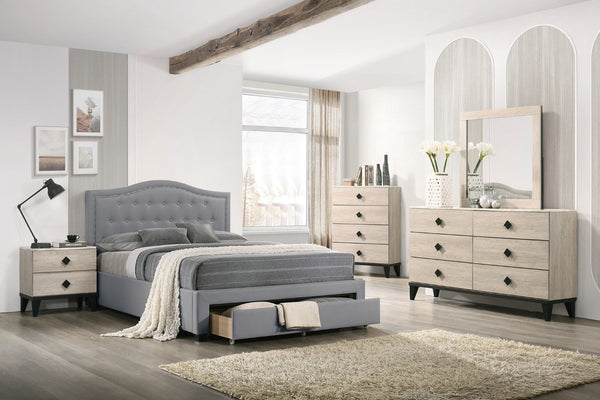 English Elm Light Burlap Upholstered Full Bed with Tufted Arch Headboard and Footboard Storage Drawer Light Grey B011S00706