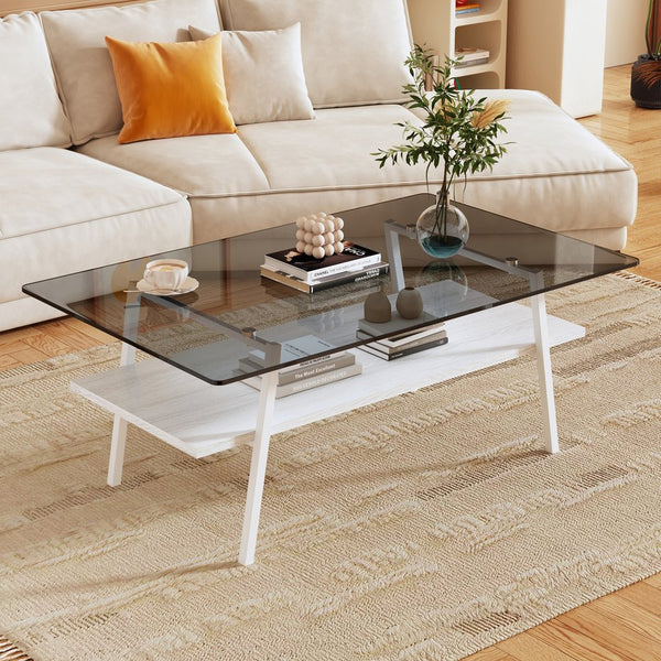English Elm Coffee Table And End Tables Set Of 3 - Modern Gray Glass With Mdf Shelf, Stylish Living Room Furniture W241S00042