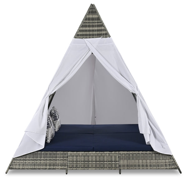 English Elm GO Pyramid Sunbed Outdoor Daybed With Zippered Cushions, Curtains For Privacy & Sun Protection Blue+Grey FG201220AAC