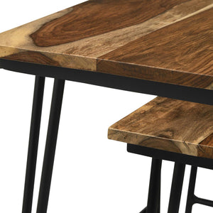 English Elm Natural 3-Piece Nesting Table Set With Hairpin Legs – Stylish Sheesham Wood & Black Metal Design B062P153893