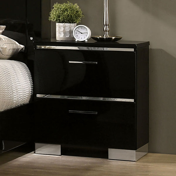 English Elm Contemporary high gloss lacquer nightstand with chrome accents, felt drawer, USB charging port, sleek modern bedside storage Black 27 L x 19 W x 31 H B011P155870