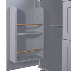 English Elm K&K Rolling Kitchen Island with Rubber Wood Top, 3 Drawers, Slide-Out Shelves & Locking Wheels for Organized Culinary Storage and Mobility Grey-Blue WF316599AAG