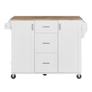 English Elm K&K Rolling Kitchen Island with Rubber Wood Top, 3 Drawers, Slide-Out Shelves & Locking Wheels for Organized Culinary Storage and Mobility White WF316599AAW