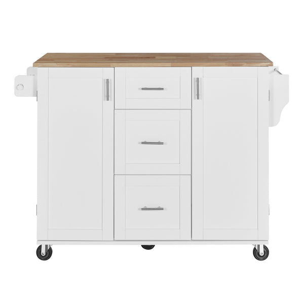 English Elm K&K Rolling Kitchen Island with Rubber Wood Top, 3 Drawers, Slide-Out Shelves & Locking Wheels for Organized Culinary Storage and Mobility White WF316599AAW