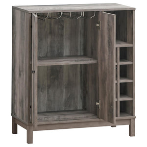 English Elm Weathered Acacia Wine Cabinet with Open Cubbies Stemware Racks and Matte Black Pulls B062P153898