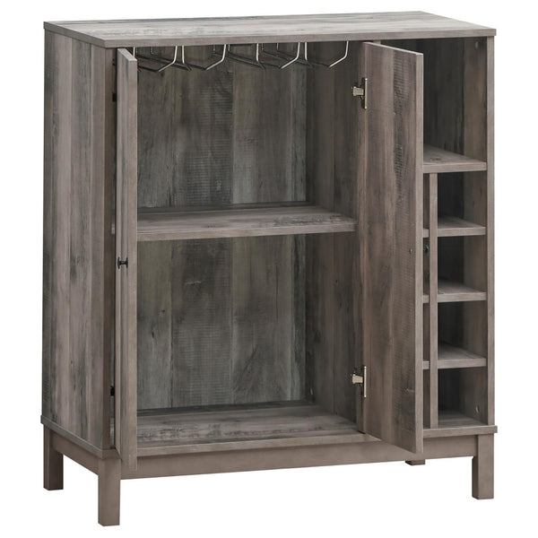 English Elm Weathered Acacia Wine Cabinet with Open Cubbies Stemware Racks and Matte Black Pulls B062P153898