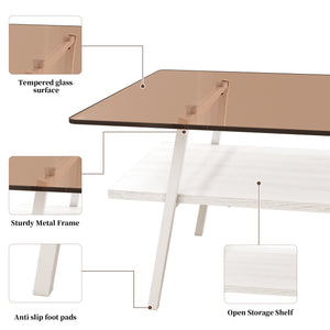 English Elm Coffee Table And End Tables Set Of 3 – Modern Brown Glass, Sturdy Iron Legs, Ideal For Living Room W241S00044