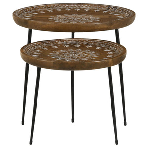 English Elm Honey Natural Mango 2-Piece Nesting Tables with Gunmetal Iron Frame, Round Tiered Accent Tables for Living Room Decor B062P153891