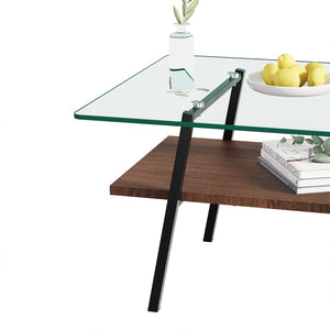 English Elm Rectangle Tempered Glass Coffee Table with Black Iron Legs and Mdf Shelf Modern W241126031