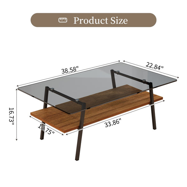English Elm Rectangle Tempered Glass Coffee Table with Black Iron Legs and Mdf Shelf Modern W241126034