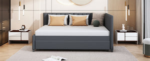 English Elm Full Size Linen Upholstered Daybed with Pull Out Trundle Sofa Frame for Bedroom Gray LP000173AAE-1