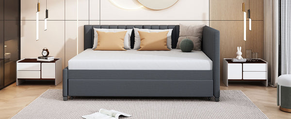 English Elm Full Size Linen Upholstered Daybed with Roll Out Trundle for Guest Rooms LP000173AAE