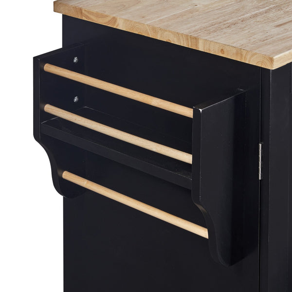 English Elm K&K Rolling Kitchen Island with Rubber Wood Top, 3 Drawers, Slide-Out Shelves & Locking Wheels for Organized Culinary Storage and Mobility Black WF316599AAB