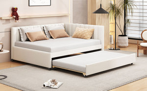 English Elm Full Size Linen Upholstered Daybed with Roll Out Trundle for Guest Rooms LP000173AAA