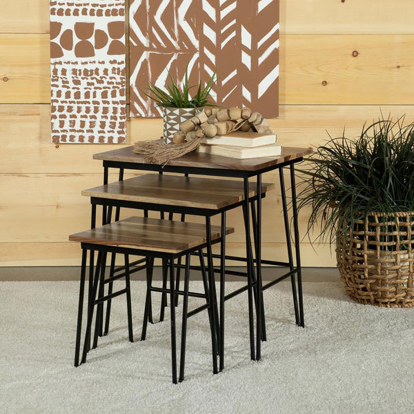 English Elm Natural 3-Piece Nesting Table Set With Hairpin Legs – Stylish Sheesham Wood & Black Metal Design B062P153893