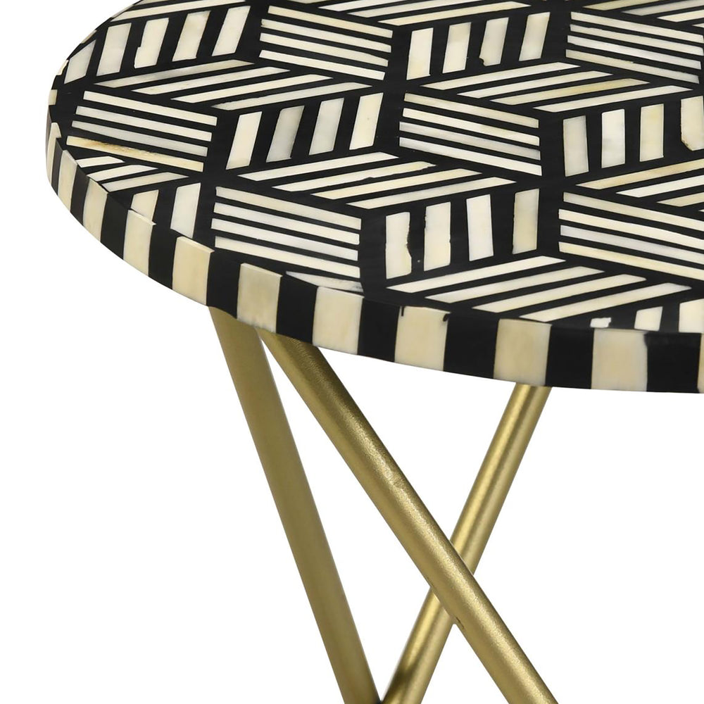 English Elm Black Black White and Gold Travertine Accent Table with Retro Gold Hairpin Metal Base, Chic 21.75"H B062P153896