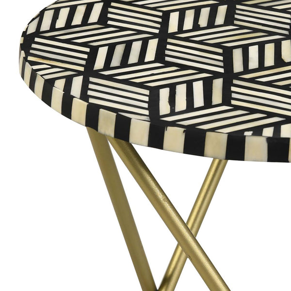 English Elm Black Black White and Gold Travertine Accent Table with Retro Gold Hairpin Metal Base, Chic 21.75"H B062P153896