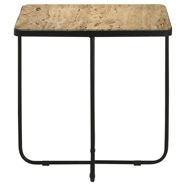 English Elm Travertine Square Accent Table with Matte Black Curved Metal Base — Modern Exotic Display Piece B062P153888