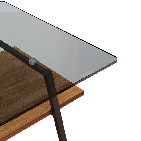 English Elm Rectangle Tempered Glass Coffee Table with Black Iron Legs and Mdf Shelf Modern W241126034