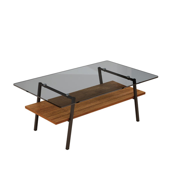 English Elm Rectangle Tempered Glass Coffee Table with Black Iron Legs and Mdf Shelf Modern W241126034