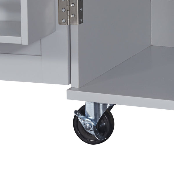 English Elm K&K Rolling Kitchen Island with Rubber Wood Top, 3 Drawers, Slide-Out Shelves & Locking Wheels for Organized Culinary Storage and Mobility Grey-Blue WF316599AAG