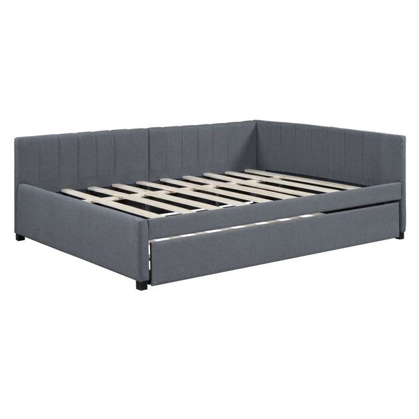 English Elm Full Size Linen Upholstered Daybed with Pull Out Trundle Sofa Frame for Bedroom Gray LP000173AAE-1