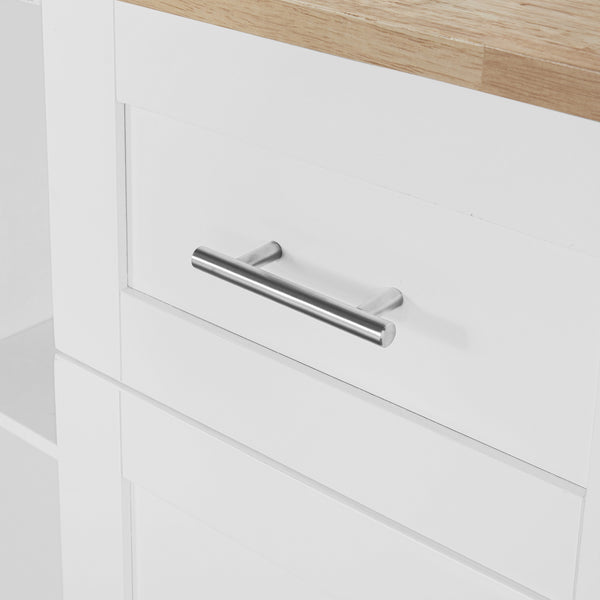 English Elm K&K Rolling Kitchen Island with Rubber Wood Top, 3 Drawers, Slide-Out Shelves & Locking Wheels for Organized Culinary Storage and Mobility White WF316599AAW