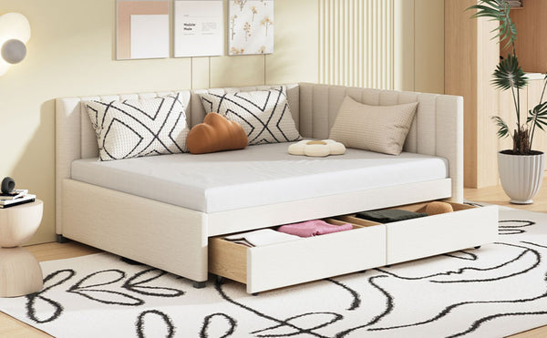 English Elm Full Size Linen Upholstered Daybed with Storage Drawers Sofa Bed for Guest Rooms Beige LP000172AAA-1
