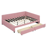 Long Full Size Upholstered Daybed with 2 Drawers and L-Shaped Headboard